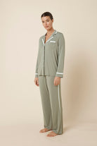 Grace Bamboo PJ Set Olive side view, relaxed bamboo pyjama set with satin side seam trim on pants