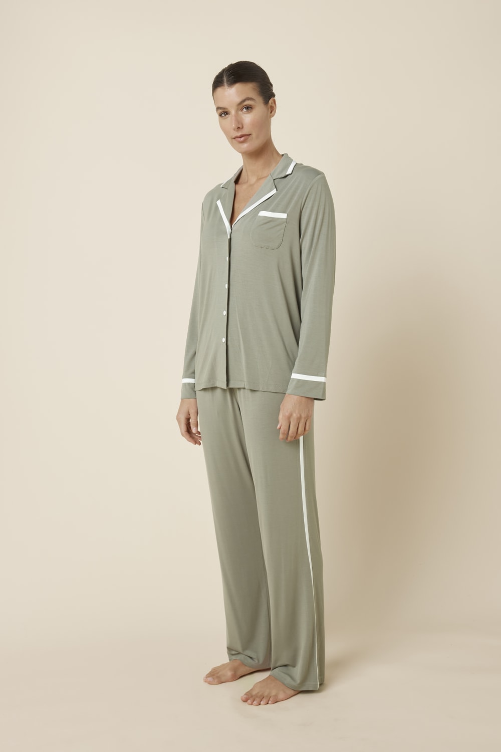 Grace Bamboo PJ Set Olive side view, relaxed bamboo pyjama set with satin side seam trim on pants