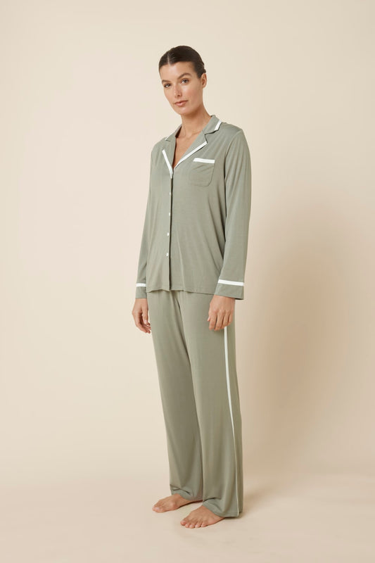 Grace Bamboo PJ Set Olive side view, relaxed bamboo pyjama set with satin side seam trim on pants