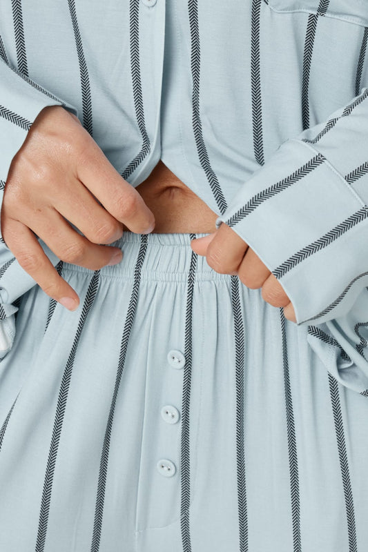 Harlow Bamboo Striped PJ Set Blue Detail Pants Buttons and waist