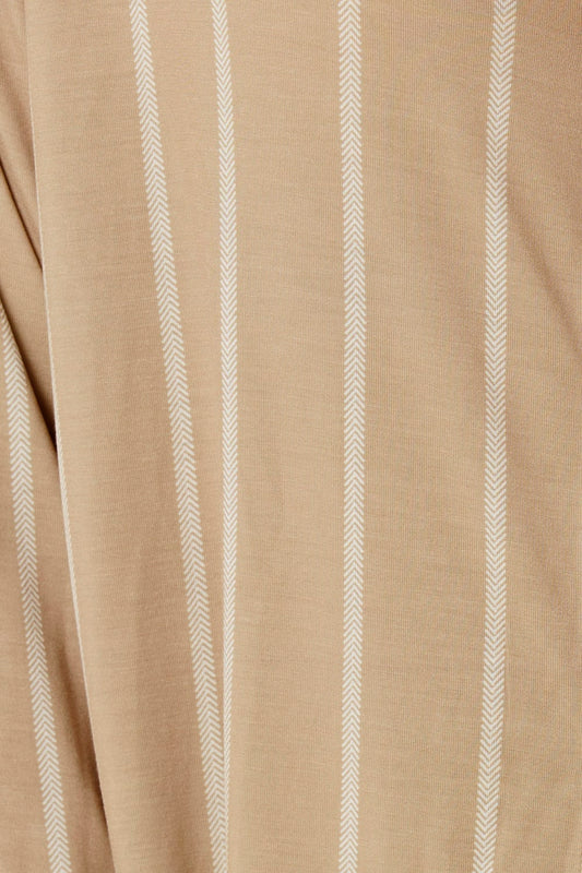 Harlow Bamboo Striped PJ Set Biscuit Texture Shot showing the V detail within the white stripes