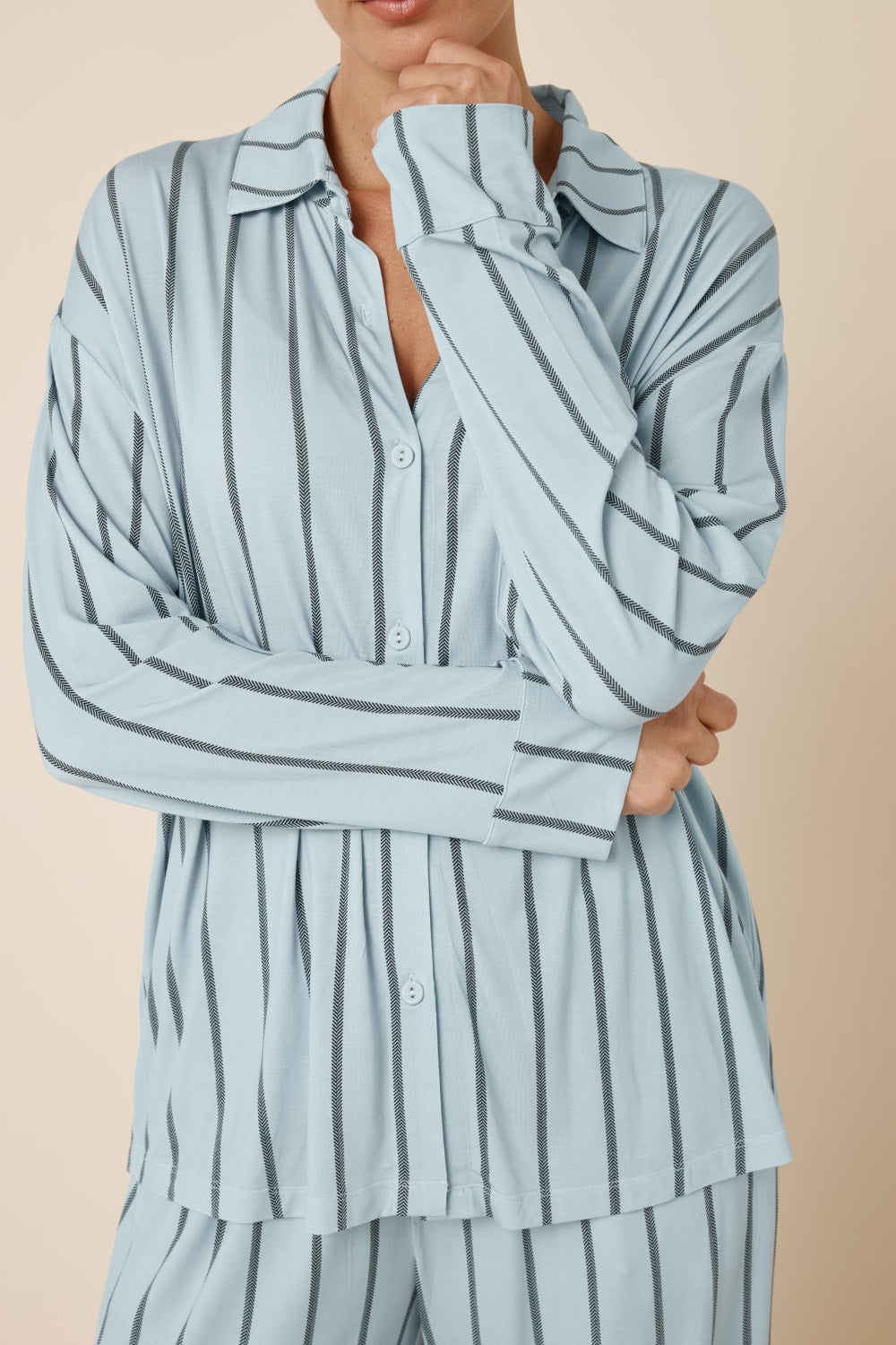 Harlow Bamboo Striped PJ Set Blue Front Detail Top crop image view