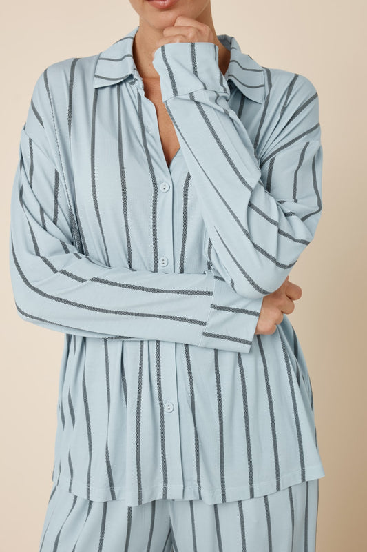 Harlow Bamboo Striped PJ Set Blue Front Detail Top crop image view