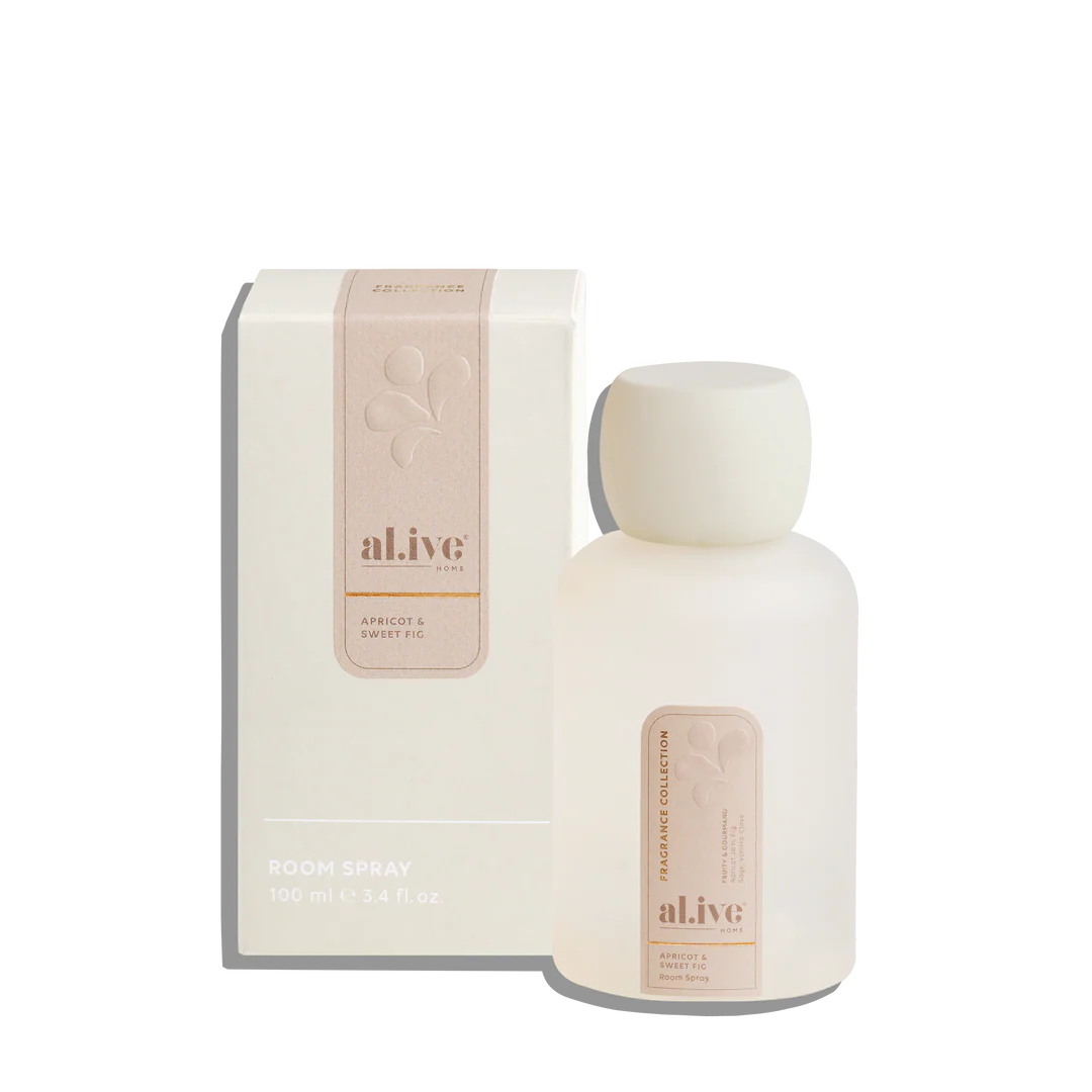 al.ive home room spray apricot and sweet fig bottle and box, minimalist design