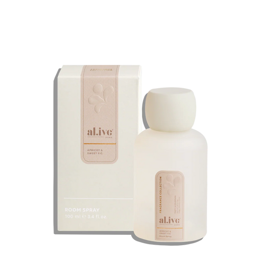 al.ive home room spray apricot and sweet fig bottle and box, minimalist design