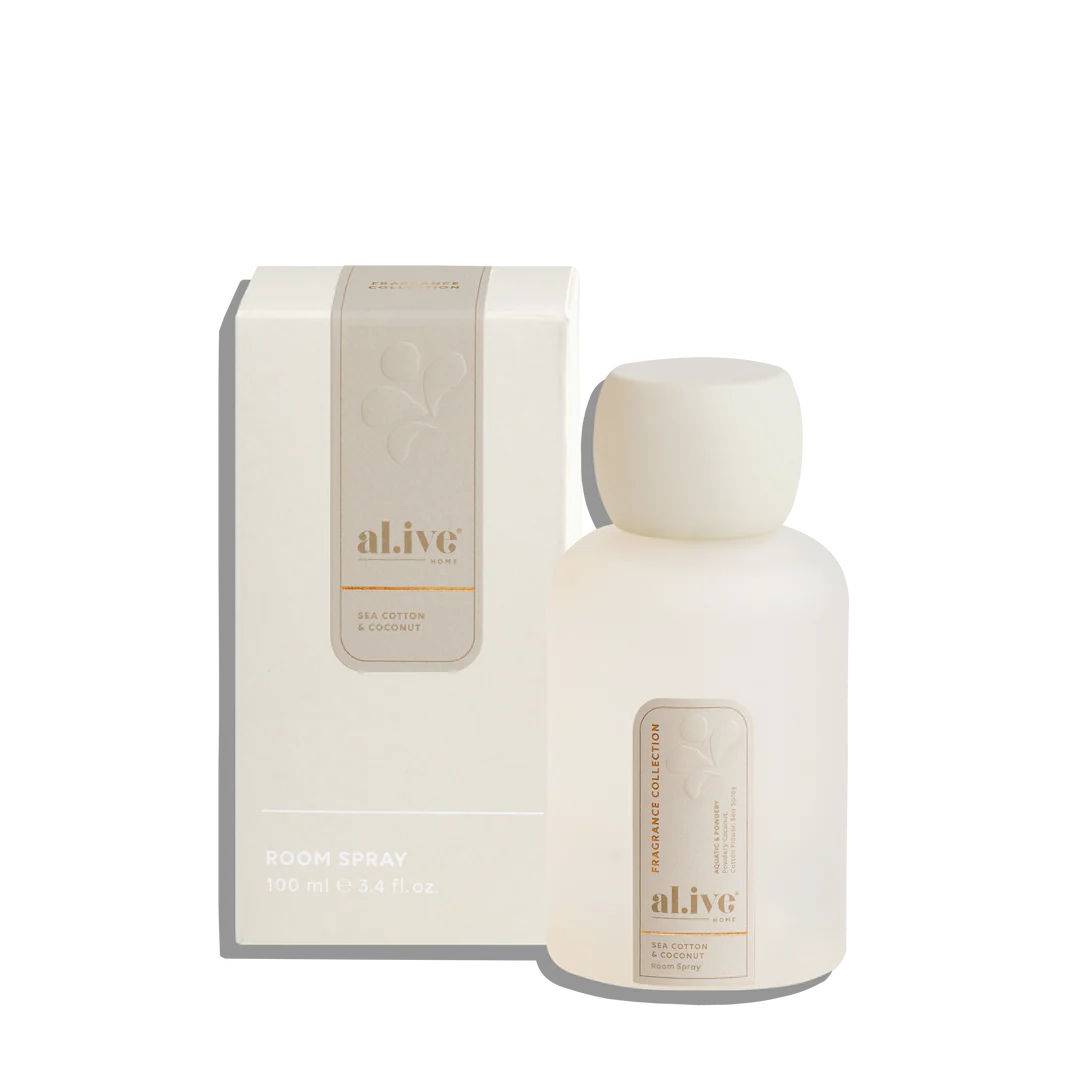 al.ive home room spray sea cotton & coconut in frosted bottle with matching box, Gingerlilly Sleepwear