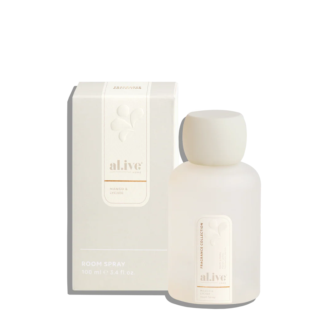 al.ive Mango & Lychee room spray and box, elegant white packaging, Gingerlilly Sleepwear