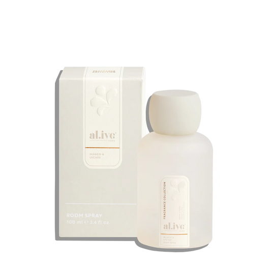 al.ive Mango & Lychee room spray and box, elegant white packaging, Gingerlilly Sleepwear