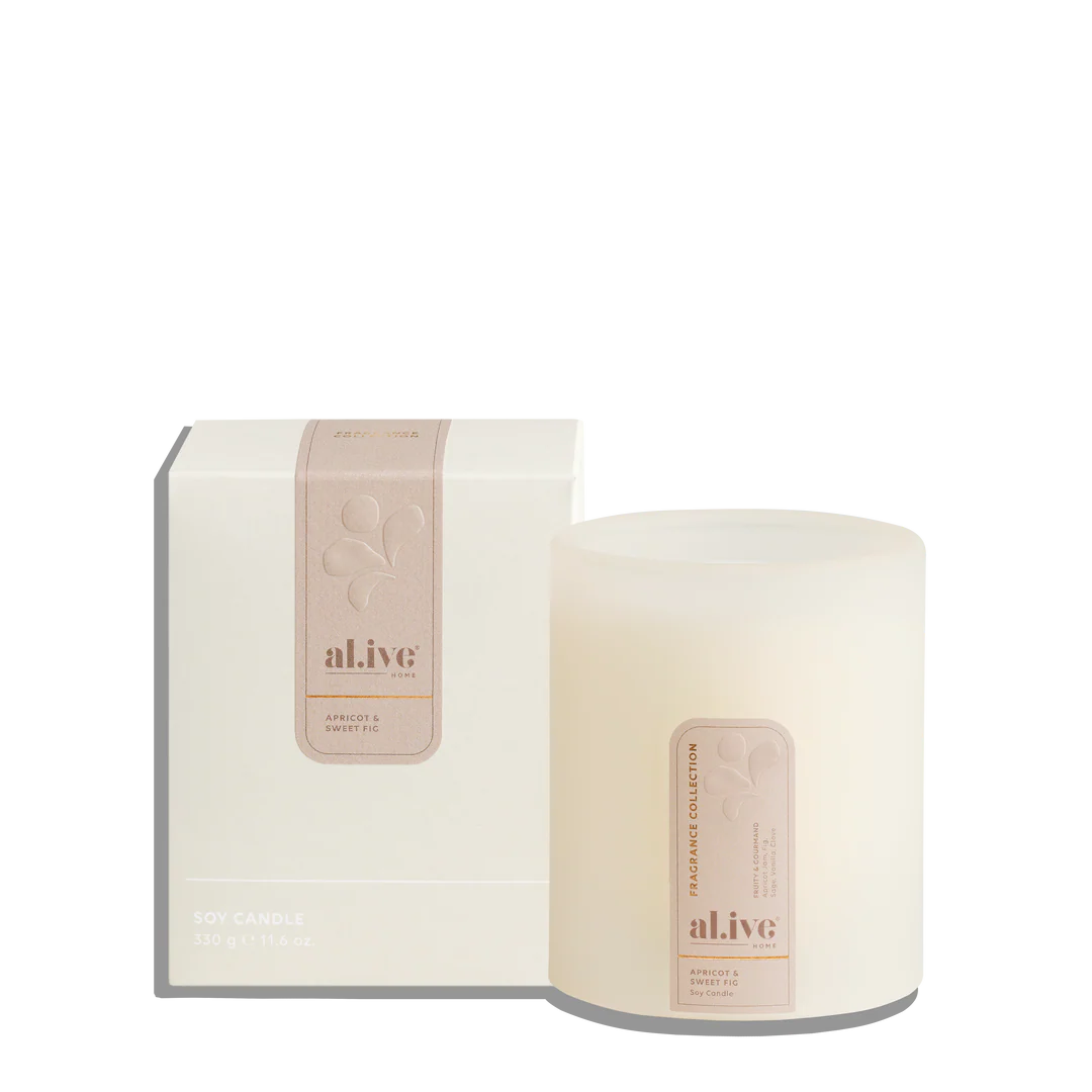 al.ive home fragrance soy candle in nude with box, Apricot & Sweet Fig scent, Gingerlilly Sleepwear