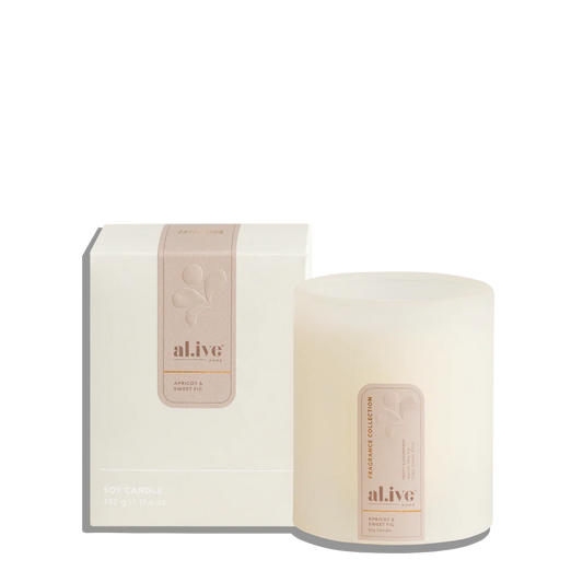 al.ive home fragrance soy candle in nude with box, Apricot & Sweet Fig scent, Gingerlilly Sleepwear
