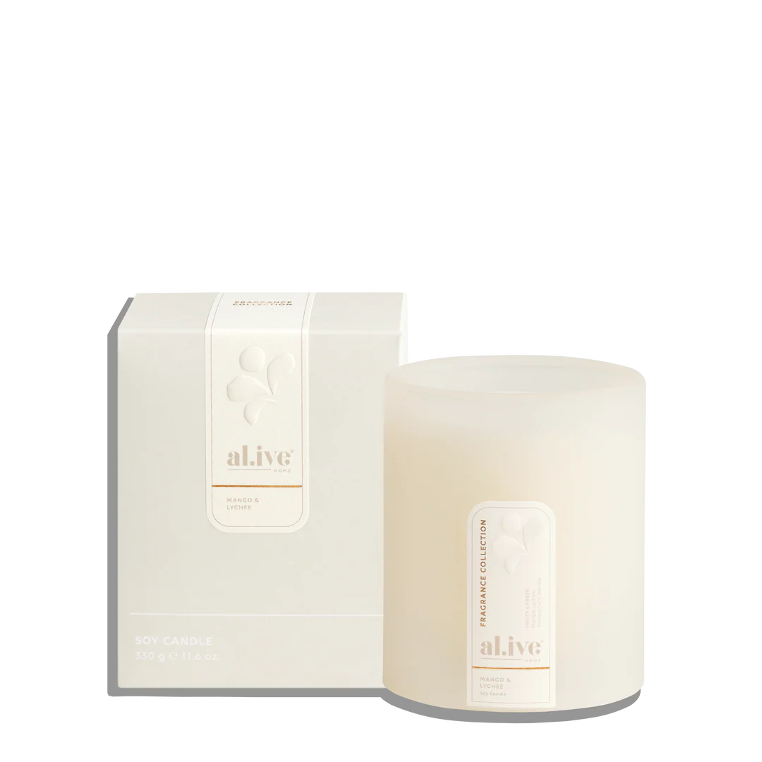 al.ive white soy candle with elegant packaging, fragrance collection for Gingerlilly Sleepwear