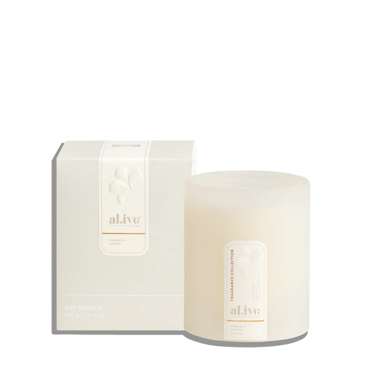al.ive white soy candle with elegant packaging, fragrance collection for Gingerlilly Sleepwear