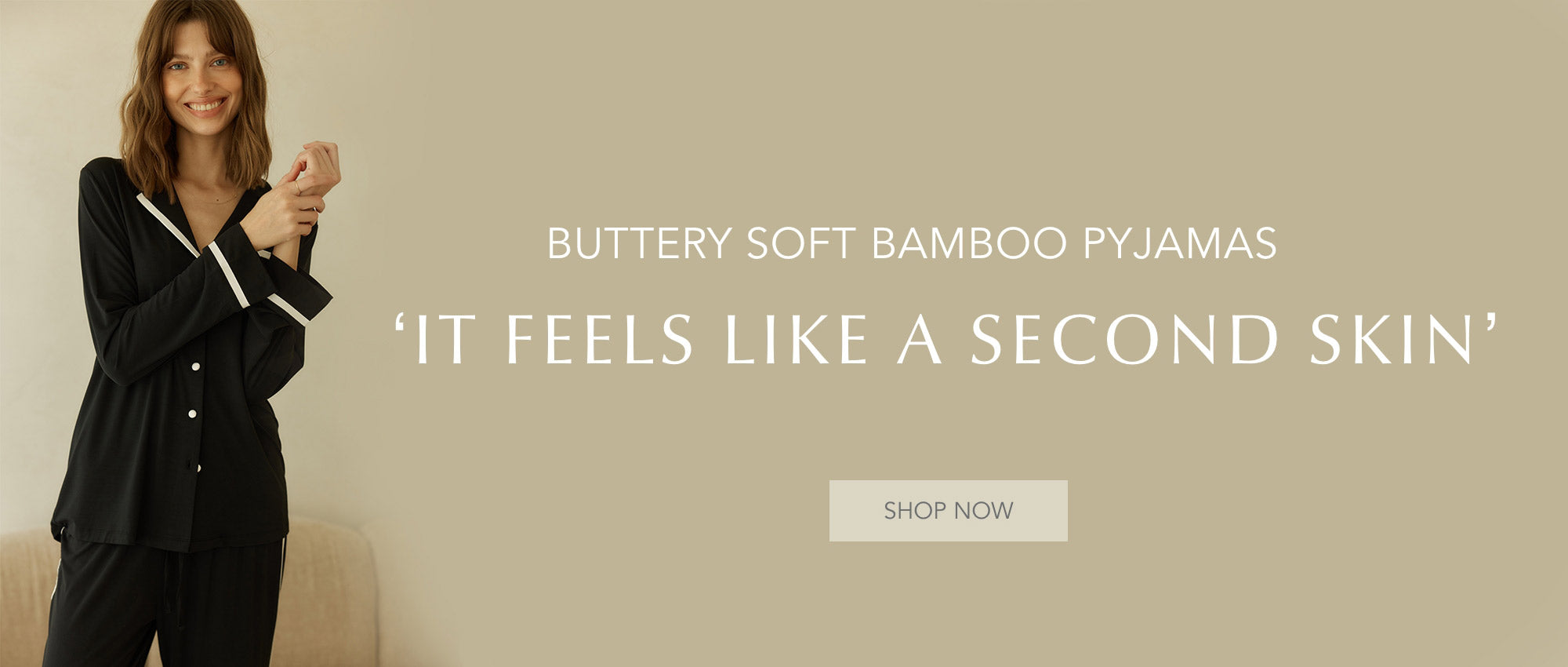 Woman wearing black bamboo pyjamas with promotional text on a beige background