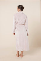 Woman wearing Imogin Pink Plush Robe back view of long plush dressing gown