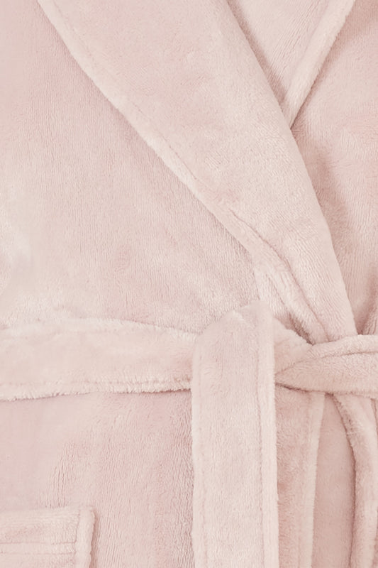 Close up of Imogin Pink Plush Robe wrap belt and plush fleece fabric texture