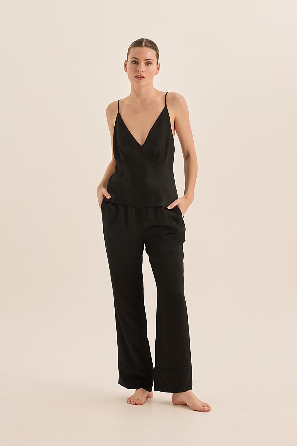 Jade Pure Silk Black Cami Top and Long Wide Leg Pant | Gingerlilly Sleepwear