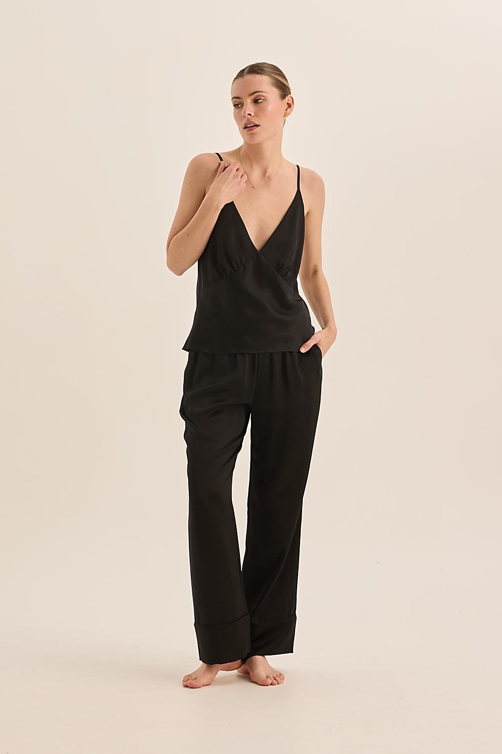 Jade Pure Silk Black Cami Top and Long Wide Leg Pant | Gingerlilly Sleepwear