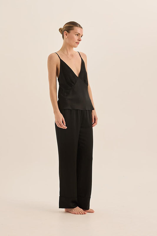 Jade Pure Silk Black Cami Top and Long Wide Leg Pant | Gingerlilly Sleepwear