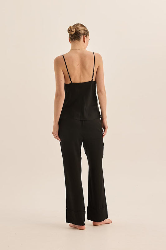 Jade Pure Silk Black Cami Top and Long Wide Leg Pant | Gingerlilly Sleepwear