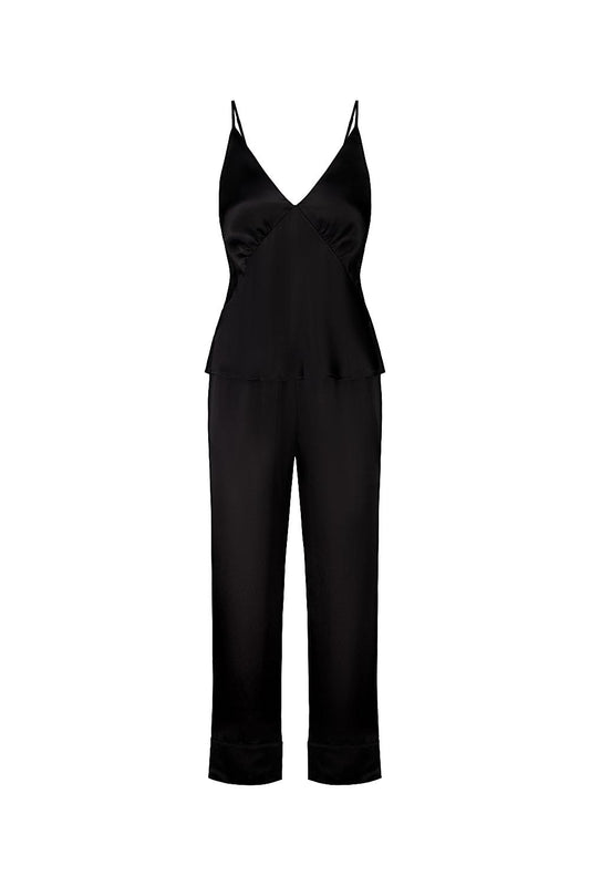 Jade Pure Silk Black Cami Top and Long Wide Leg Pant | Gingerlilly Sleepwear