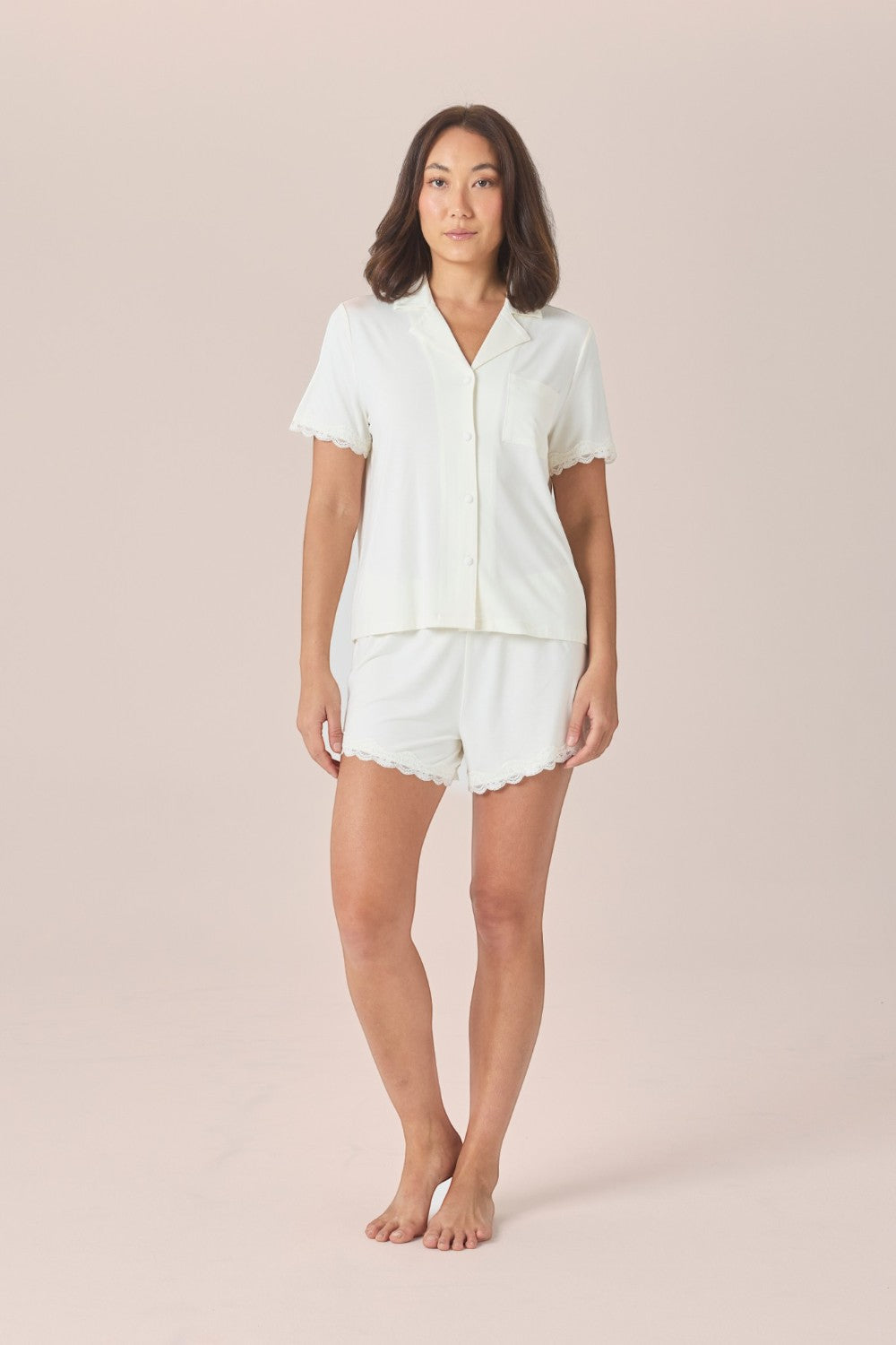 Gingerlilly Joni Bamboo Short Set with Lace in Ecru