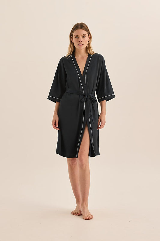 Lacey Navy Satin Robe | Gingerlilly Sleepwear