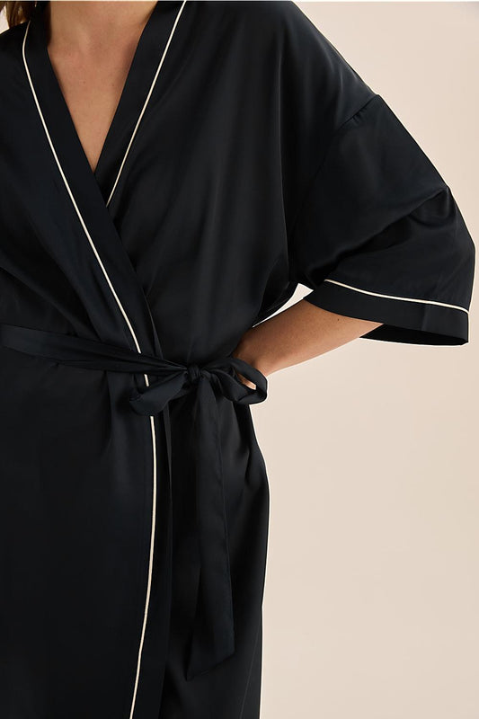 Lacey Navy Satin Robe | Gingerlilly Sleepwear