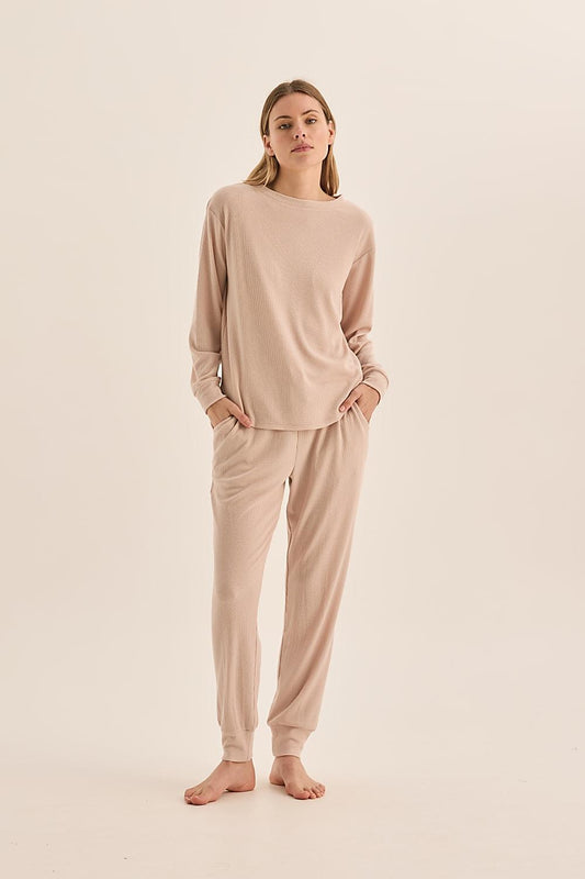 Lainey Beige Waffle Pyjama Set | Gingerlilly Sleepwear