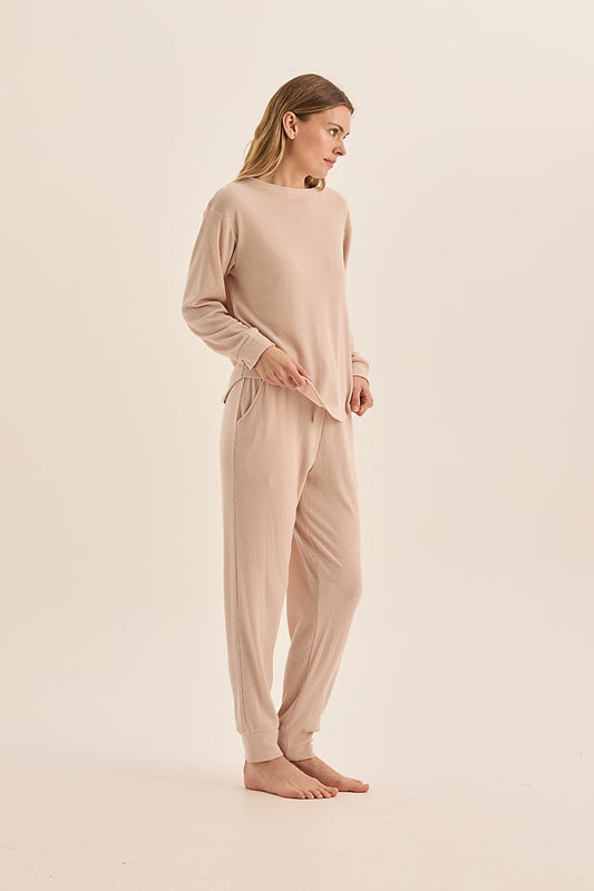 Lainey Beige Waffle Pyjama Set | Gingerlilly Sleepwear