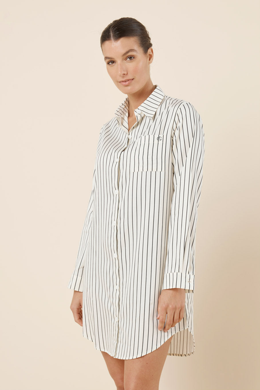 Lolita Stripe Night Shirt in ivory striped cotton