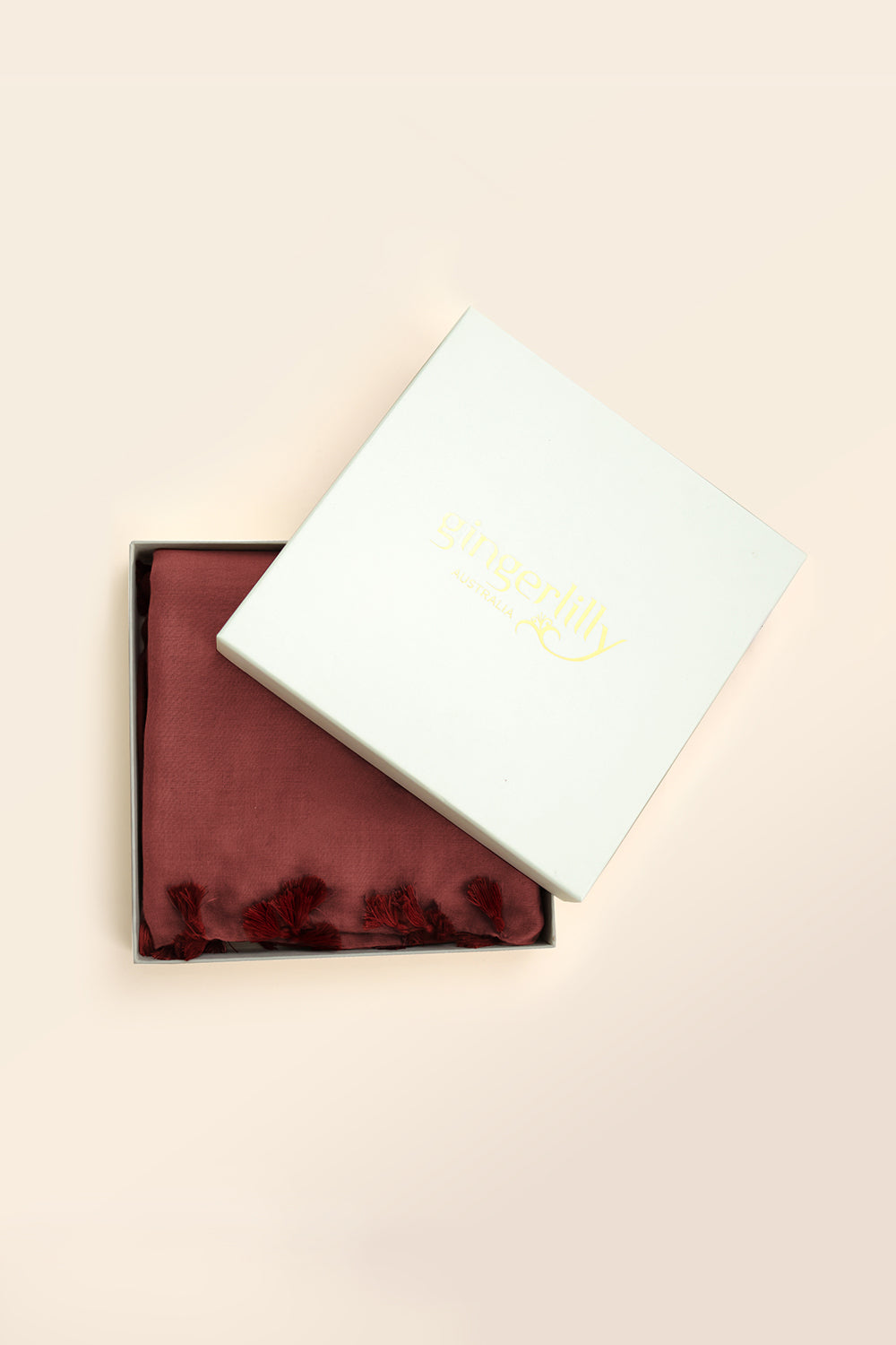 Free Large Scarf With Tassels Burgundy box packaging