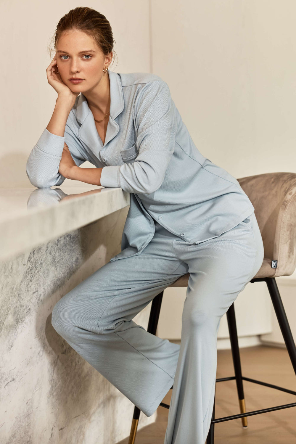 Pale Blue Ribbed Loungewear Pyjama Set ~ Women's pyjamas | Gingerlilly