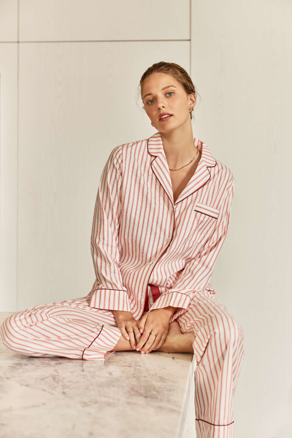 Women’s Striped Cotton Pyjama Set | White & Pink with Burgundy Piping