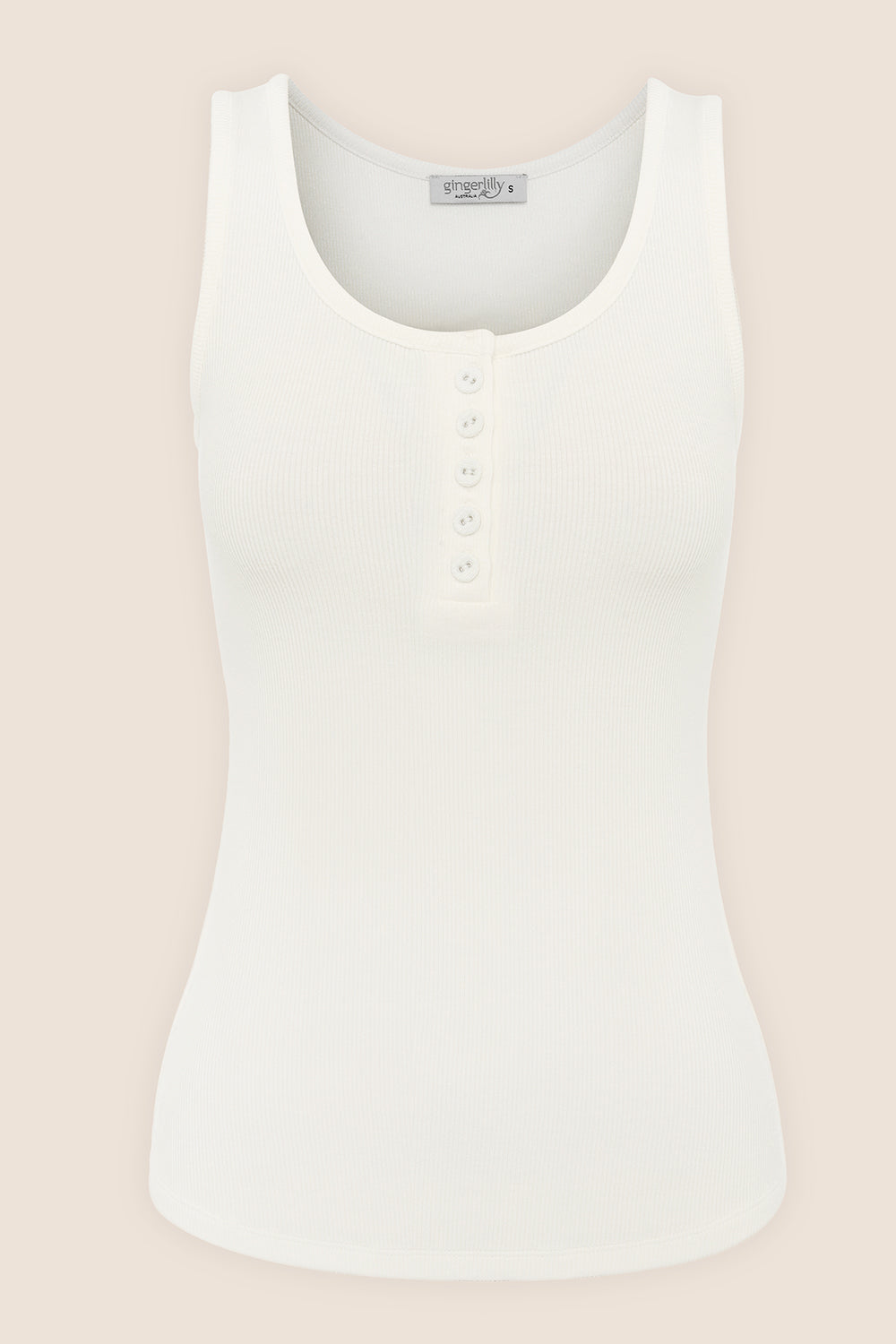 Liberty Ribbed Singlet Henley Top Ivory product image showing sleeveless ribbed henley top with curved hem