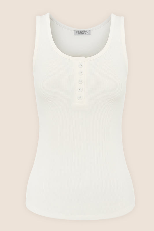 Liberty Ribbed Singlet Henley Top Ivory product image showing sleeveless ribbed henley top with curved hem