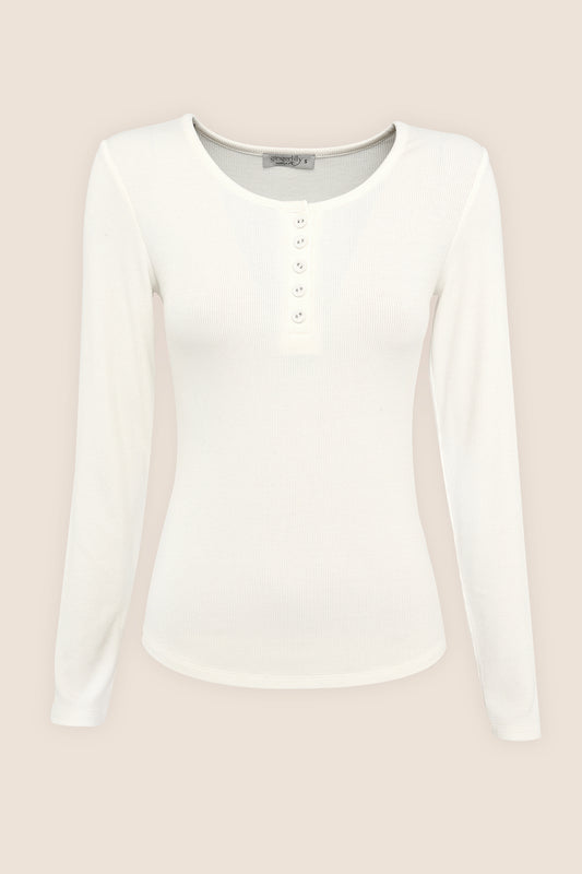Lille Ribbed Long Sleeve Henley Top Ivory Ecru product image showing ribbed long sleeve henley top with curved hem