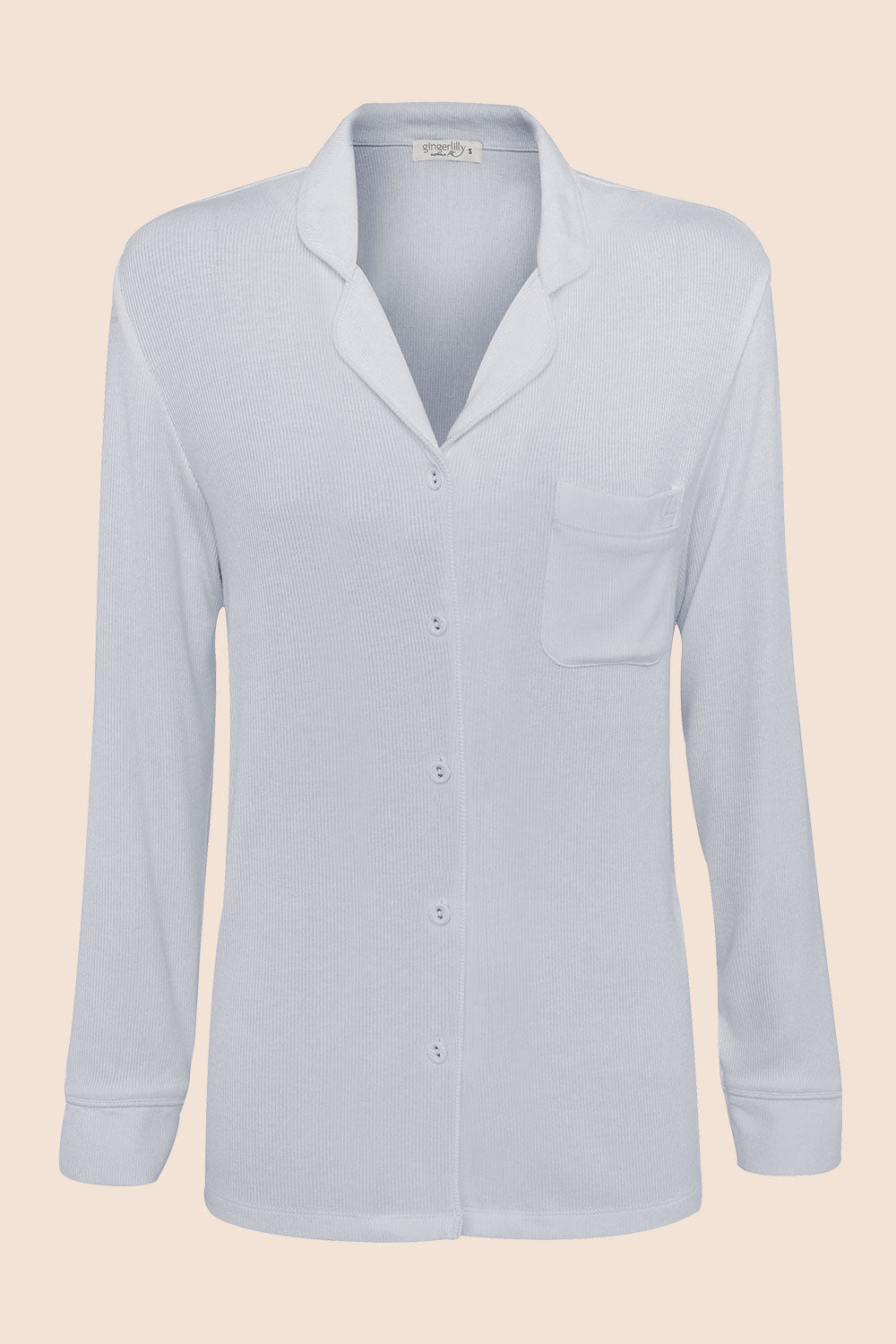 Gingerlilly London Ribbed Long Sleeve Button Up PJ Top - Powder Blue - Flat lay