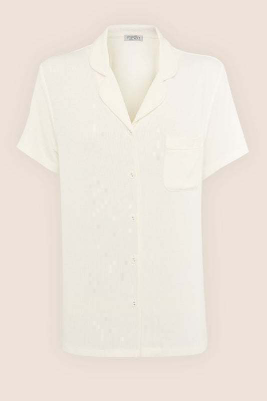 Lyon Ribbed Short Sleeve Button Up Top