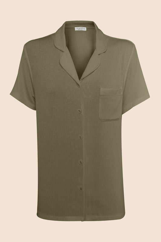Lyon Ribbed Short Sleeve Button Up Top