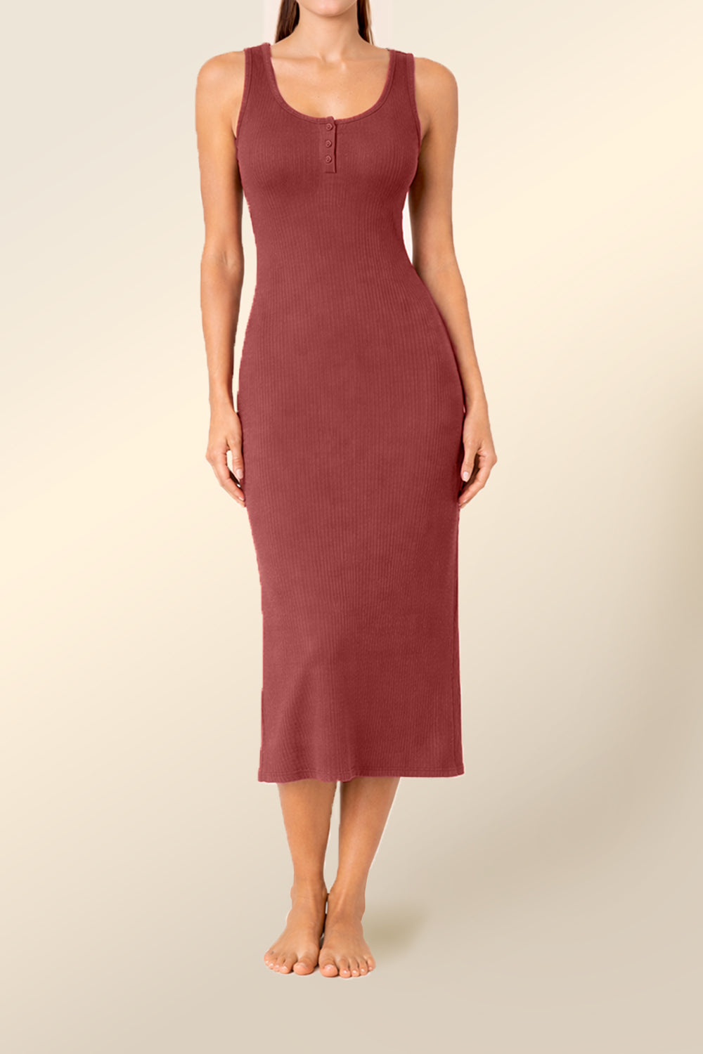Woman wearing Monique Long Sleeveless Henley Dress Burgundy, ribbed sleeveless midi dress with henley button neckline