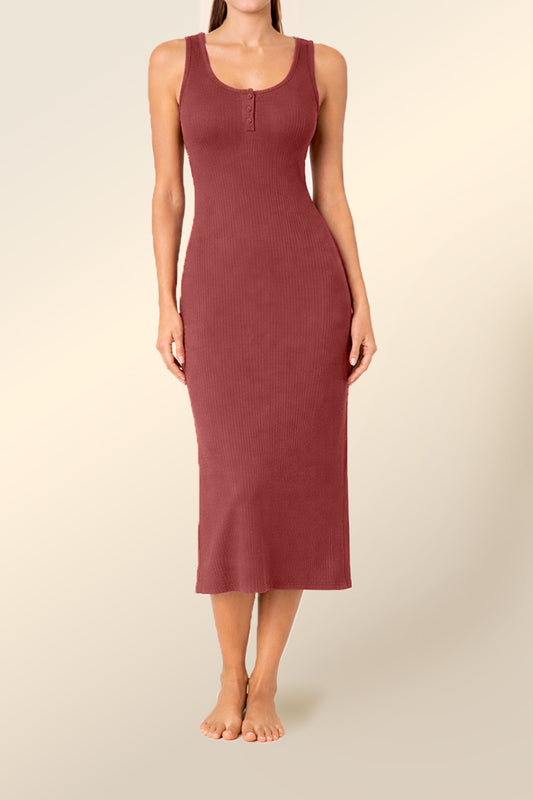 Woman wearing Monique Long Sleeveless Henley Dress Burgundy, ribbed sleeveless midi dress with henley button neckline