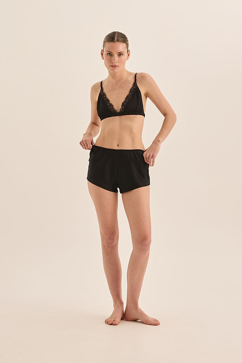 Opal Pure Silk Black Bra with Lace and Short Set | Gingerlilly Sleepwear