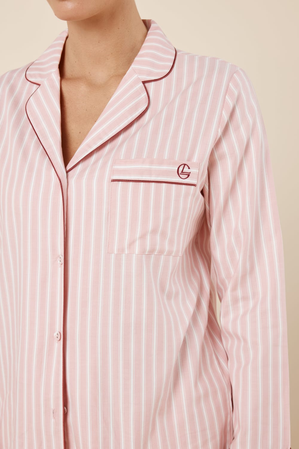 Woman wearing Octavia Cotton Stripe PJ Set Pink, close up of striped cotton collar with contrast piping trim