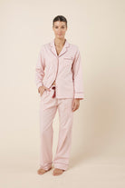 Woman wearing Octavia Cotton Stripe PJ Set Pink, front view of soft pink striped cotton pyjamas with contrast piping