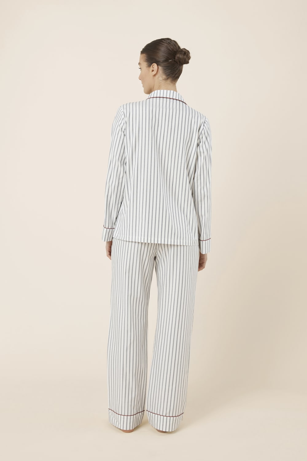 Octavia Cotton Stripe PJ Set back view, relaxed fit striped cotton sleepwear with piped cuffs and hem