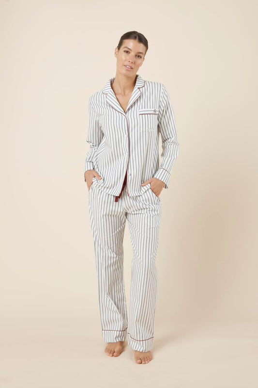Woman wearing Octavia Cotton Stripe PJ Set front view, black and white stripe cotton pyjama set with straight leg pants