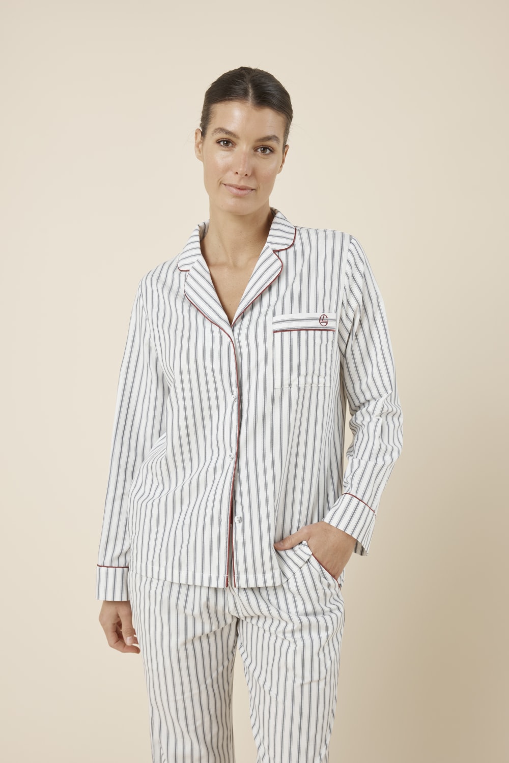 Octavia Cotton Stripe PJ Set full length view, lightweight cotton lounge set with elastic waist and satin tie
