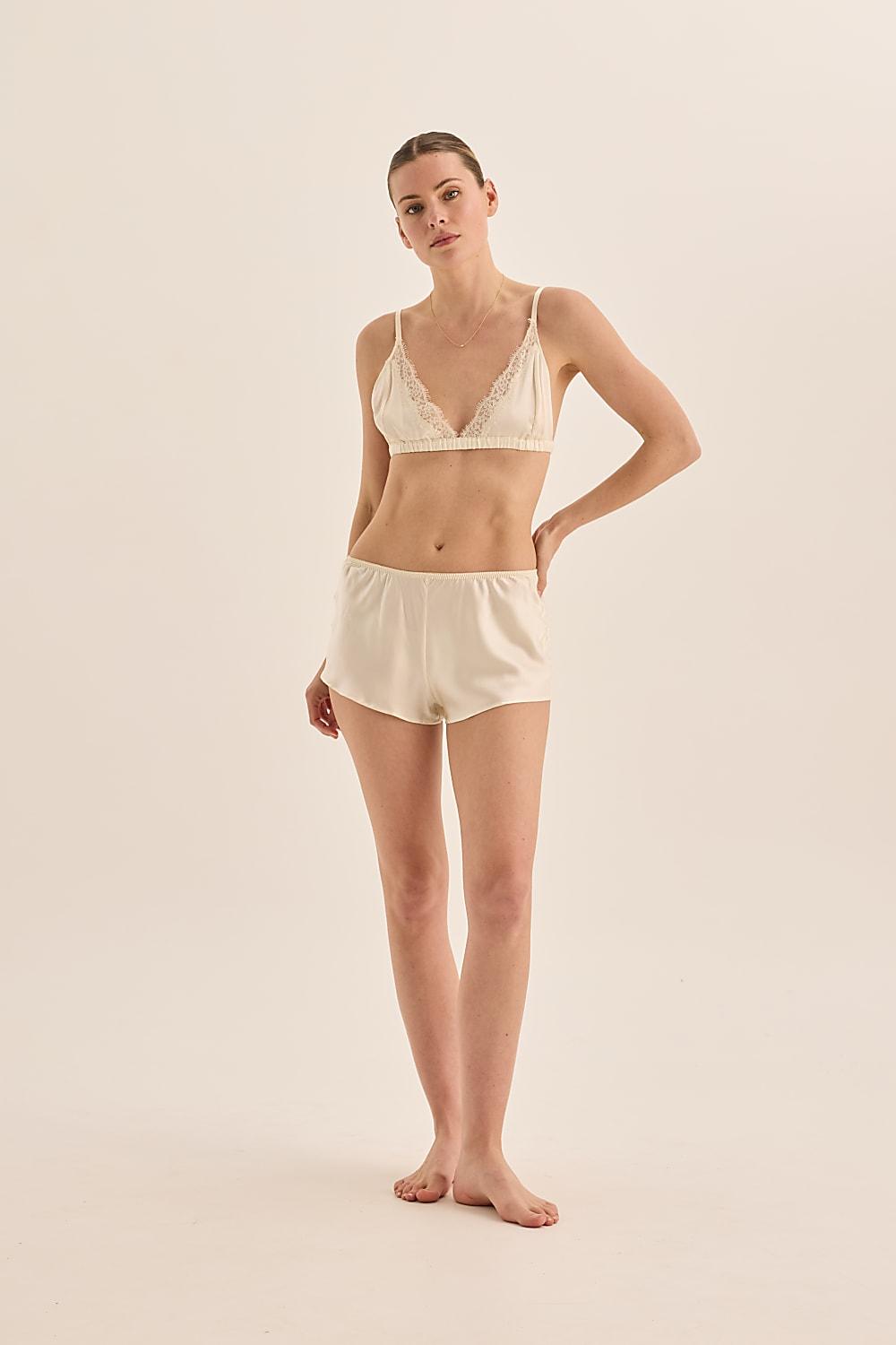 Opal Pure Silk Ivory Bra with Lace and Short Set | Gingerlilly Sleepwear