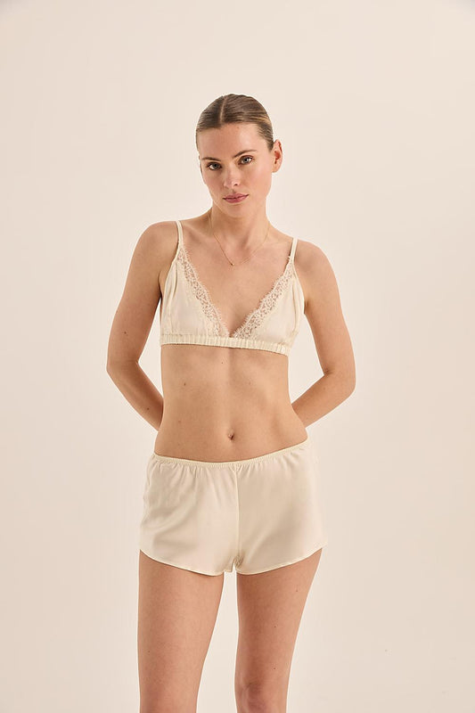 Opal Pure Silk Ivory Bra with Lace and Short Set | Gingerlilly Sleepwear