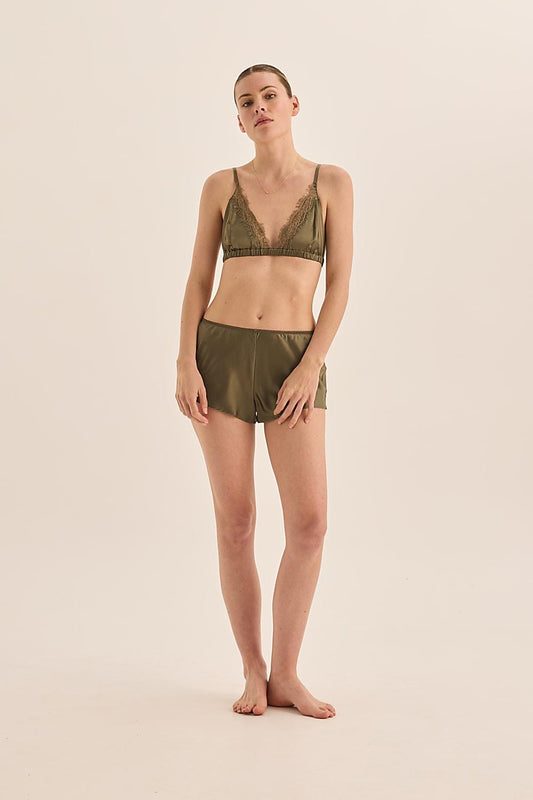 Opal Pure Silk Olive Bra with Lace and Short Set | Gingerlilly Sleepwear